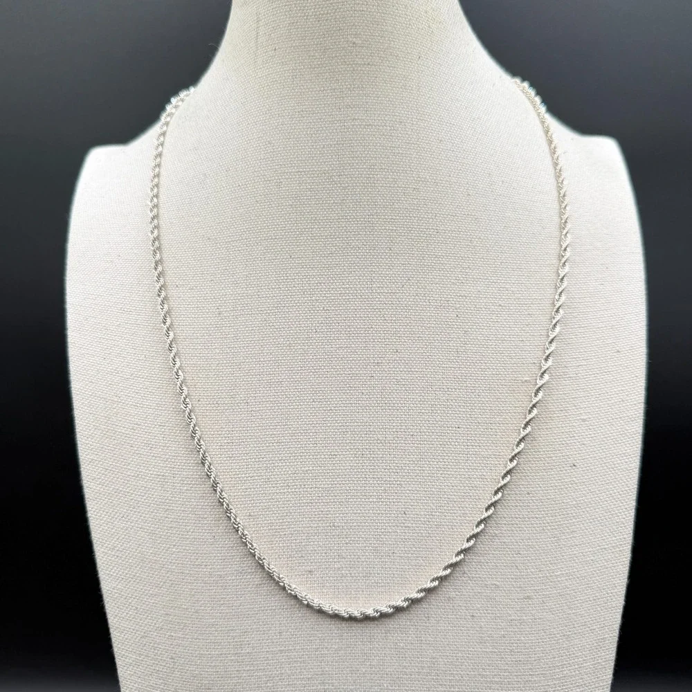 Silver Tone Rope Chain Necklace Twisted Classic Minimalist Lobster Clasp Jewelry